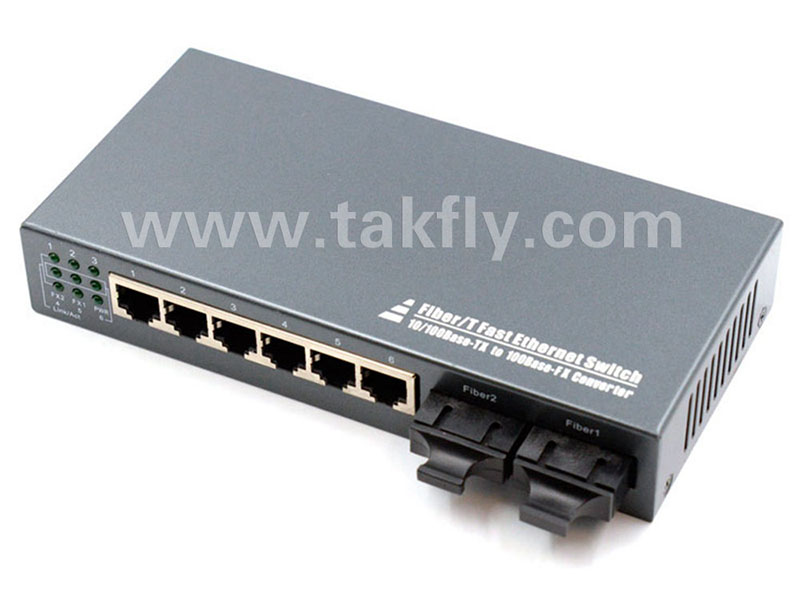 6端口 100M RJ45至2光纤端口光纤交换机 多模